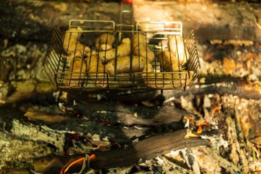 Bahçede mangal partisi. Izgarada ızgara sosis. Bavyera sosisi. Barbekü pişirme. Açık ateşte yemek pişirmek.