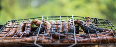 Bahçede mangal partisi. Izgarada ızgara sosis. Bavyera sosisi. Barbekü pişirme. Açık ateşte yemek pişirmek.