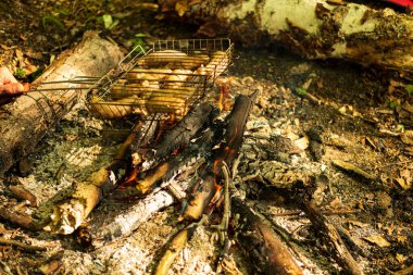 Ormanda yemek pişirmek için kamp ateşi. Yanan ateş. Ormanda yangın var. Yanan ateş dokusu. Kuru dalları yakıyor. Ormanda turist yangını. Yanan dalların dokusu.