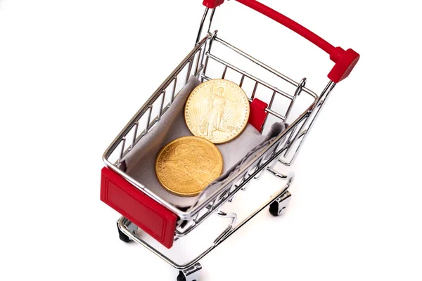 Shopping Trolley Wheels Gold Coins Paper Dollars White Background — Stock Photo, Image