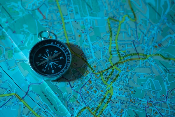 Brújula Fondo Del Mapa Concepto Viaje Planificación Rutas Encontrar Dirección — Foto de Stock
