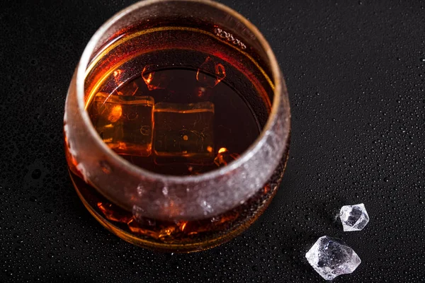 Glass Whiskey Ice Dark Background Water Splashes Refreshment Concept Alcoholic — Stock Photo, Image