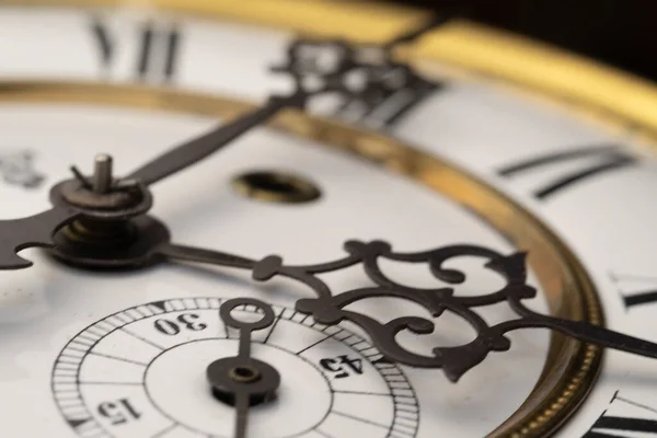 带手柄的老式时钟 用金色相框的历史手表的钟面上的近景 — 图库照片