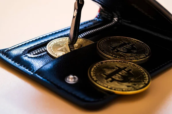 Cüzdan ve bitcoin para. Şifreli para alıp satma kavramı. şifreleme para birimi geliri.