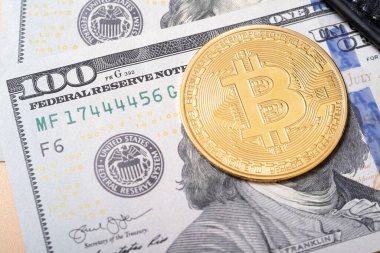 Bitcoin, cüzdan, bize dolar. Kripto para ticareti konsepti. Tasarrufları şifreli para biriminde sakla.