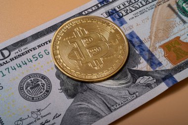 Bitcoin, cüzdan, bize dolar. Kripto para ticareti konsepti. Tasarrufları şifreli para biriminde sakla.