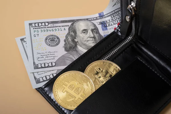 Bitcoin, cüzdan, bize dolar. Kripto para ticareti konsepti. Tasarrufları şifreli para biriminde sakla.