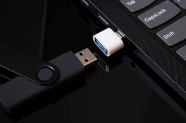 hafıza kartı ve laptop. veri iletimi. sağlam durum sürücüsü.