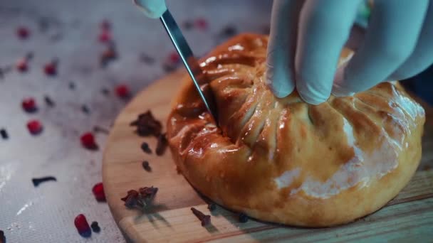 Gloved Χέρι Κομμένα Κατσαρόλα Ψωμί Ρύζι Και Μπαχαρικά Πίτα Ψημένο — Αρχείο Βίντεο
