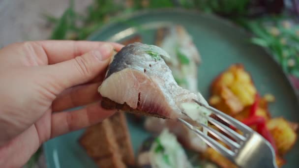 おいしい塩漬けの魚のフィレとパンとガーニッシュ — ストック動画