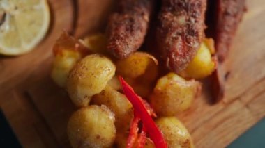 Kızarmış kırmızı kefal balığı, fırında patates, baharat ve limon restoranda ahşap tahtada, deniz ürünleri tabağında.