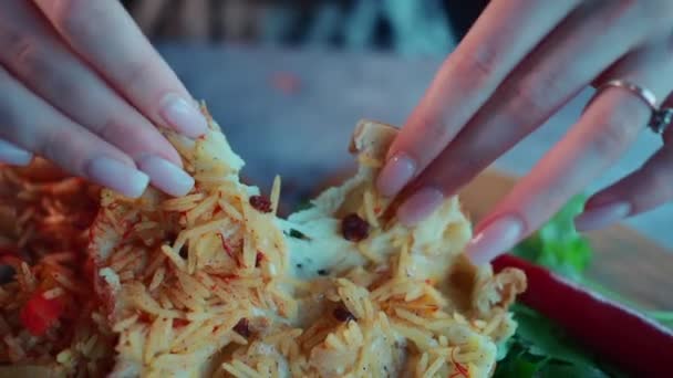 Closeup Female Hands Break Bun Piece Eat Bread Pot Stuffed — Vídeos de Stock