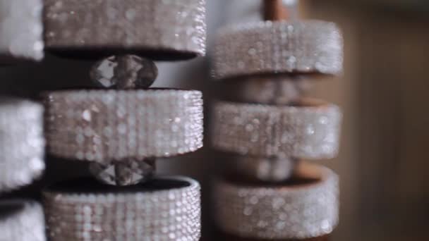 Primer Plano Corbata Decorativa Cuerda Trasera Con Diamantes Sala Exposición — Vídeo de stock