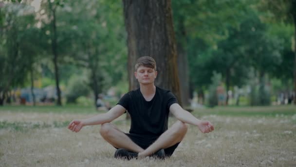 Handsome Male Meditate Outdoors Sitting Lotus Pose — Stock Video