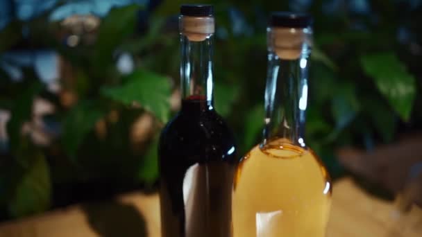 一套雅致的葡萄酒和含酒精的葡萄酒瓶 — 图库视频影像