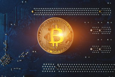 Elektronik çip yüzeyinde altın bitcoin kripto para