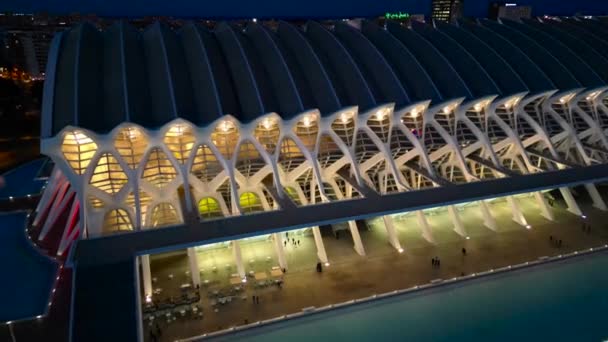 Légi Kilátás Megvilágított Futurisztikus Művészeti Tudományos Központ Valencia Belvárosában Éjszaka — Stock videók