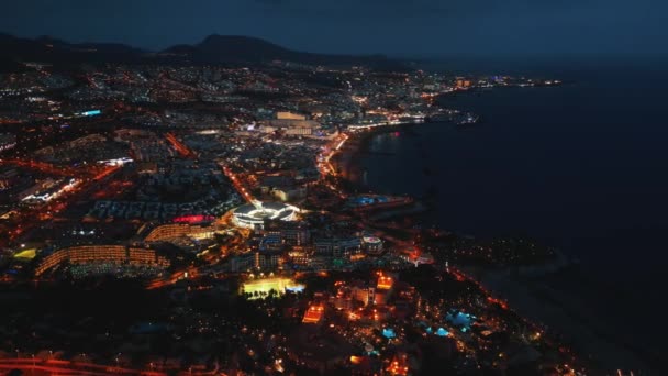 Bela Noite Iluminada Vista Aérea Cidade Costa Oceano Tenerife Ilha — Vídeo de Stock