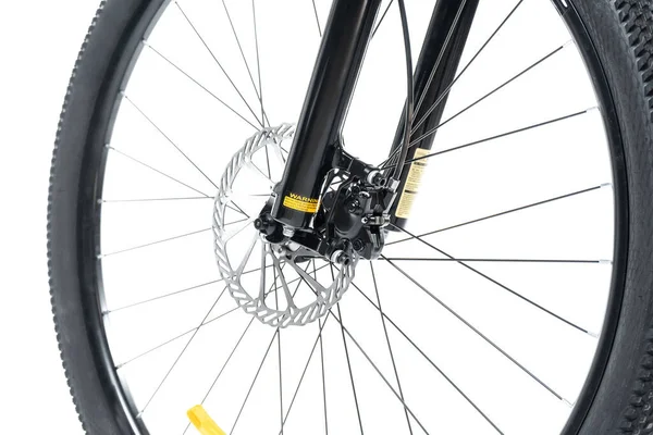Roda Dianteira Bicicleta Com Falou Isolado Fundo Branco Foto Alta — Fotografia de Stock