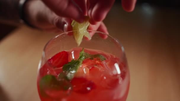 Barkeeper Förbereder Färska Röda Alkohol Cocktail Med Jordgubbar Lime Och — Stockvideo