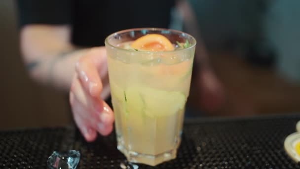 Barkeeper Serveert Gin Fizz Koude Ijs Cocktail Met Grapefruit Komkommer — Stockvideo