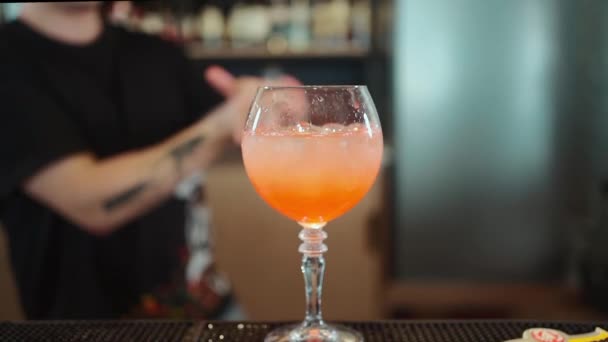 Barman Przygotowuje Świeży Koktajl Czerwonego Alkoholu Truskawkami Lodem Wysokiej Jakości — Wideo stockowe