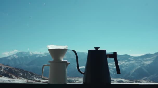 Delicious Filtered Black Coffee Pot Mug Mountain Background — стоковое видео