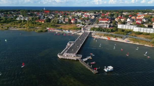 Molo Molo Polskiej Wsi Jastarnia Woda Morza Bałtyckiego Widok Lotu — Wideo stockowe