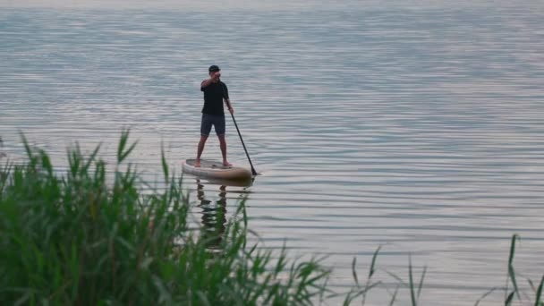 Jeune Homme Debout Sur Soup Pagayant Sur Eau Lac Calme — Video