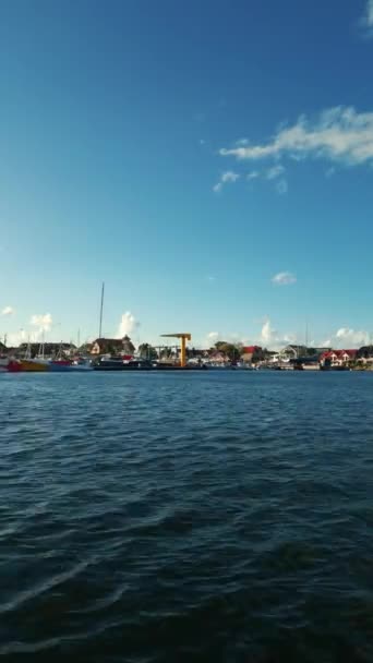 船およびローディング クレーンが付いている小さい港 ジェスタニア ヘル半島 ポーランド 高品質4K空中トップビュードローン映像 モバイル向け垂直方向 — ストック動画