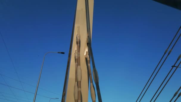 Modern Metal Cable Bridge Bystrzyca River Sunset Contemporary Architecture Blue — Stock Video