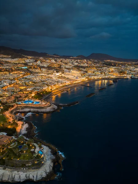 Iluminado Noite Vista Luz Cidade Bela Costa Oceano Tenerife Ilha — Fotografia de Stock