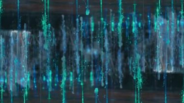 Çeşme suyunun akan fıskiyelerinin soyut arkaplanı, neon ışığı ve simetri, yavaş çekim. Yüksek kalite 4k görüntü