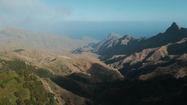 緑の山 アナガ公園 テネリフェ島 カナリア島の風と霧の雲で霧 高品質4K空中ビュードローン映像 — ストック動画