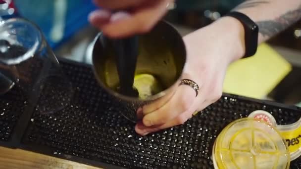 Bartender Preparar Coquetel Fresco Com Pepino Verde Limão Misturando Agitador — Vídeo de Stock