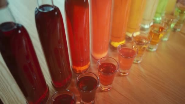 Διάφορα Πολύχρωμα Αλκοολούχα Ποτά Σκοπευτές Και Διαφανή Μπουκάλια — Αρχείο Βίντεο