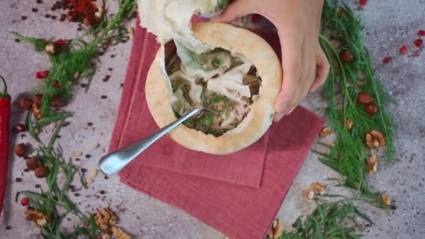 Person Eat Beef Pork Lamb Khinkali Soup Bowl Stylish Dough — Stock Video