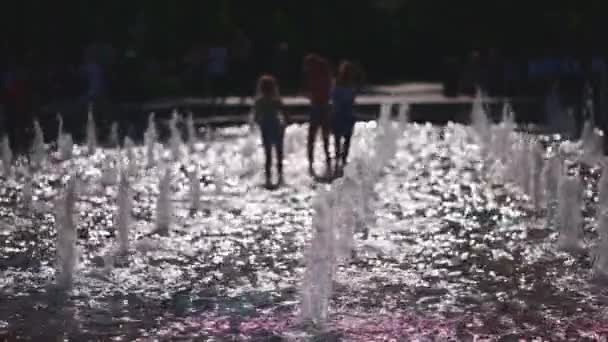 Happy Cheerful Kids Playing Jumping Running Jets Fountain Water High — Stock Video