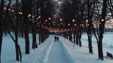 Karlı kış parkında aydınlık sokakta yürüyen romantik bir çift, ormanda kar ve yolda dekore edilmiş ampullerle 4K. Yüksek kalite 4k görüntü