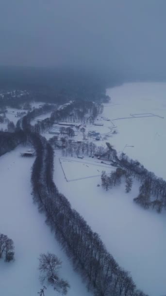 Sneeuwval Bij Het Bevroren Wintermeer Sneeuwwit Landschap Boven Water Sneeuwseizoen — Stockvideo