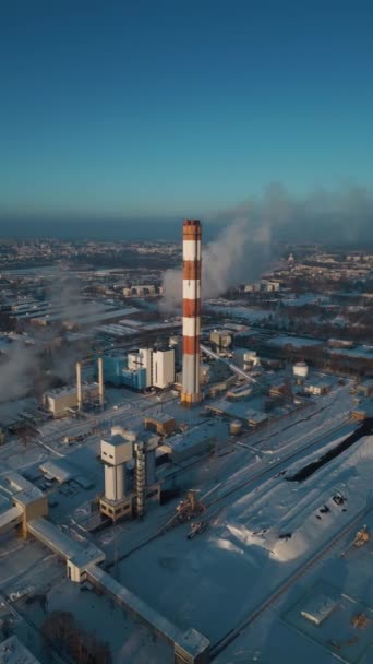 Industrial Aerial Top View Heating Power Station Chimney Smoke Stack — Stock Video