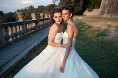 Modellik yapan iki şık gelin eski şatoda poz verir, düğün fotoğrafı çeker.