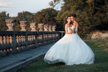 Modellik yapan iki şık gelin eski şatoda poz verir, düğün fotoğrafı çeker.