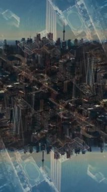 Toronto şehrinin soyut aynalı görüntüsü gökdelenler, şehir merkezindeki çifte maruz kalma arka planı, 4k dikey vido. Yüksek kaliteli FullHD görüntüler