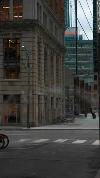 纽约市的城市街道景观 人行横道和建筑物 人孔蒸汽 垂直视频镜头4K 高质量的镜头 — 图库视频影像