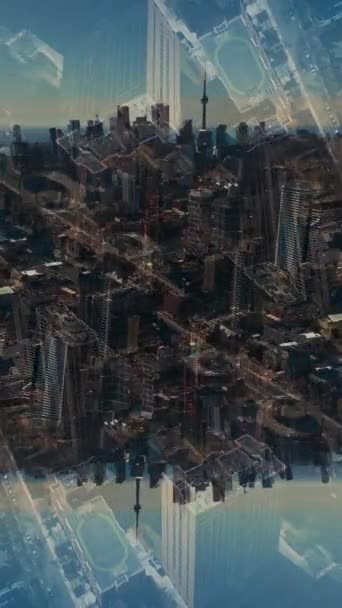 トロント市の空中ビューを映し出し 高層ビル ダウンタウン地区ダブルエクスポージャーの背景 4K垂直ヴィド 高品質のフルHd映像 — ストック動画