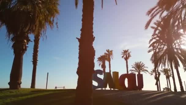 Colorful Letters Salou Town Palm Trees Coastal Beach Catalonia Spain — Stock Video