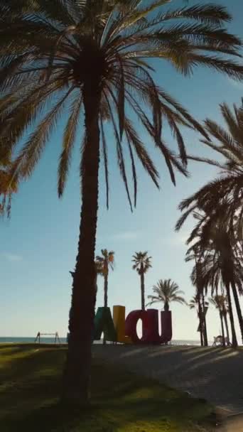 Kleurrijke Letters Van Salou Stad Palmbomen Kuststrand Catalonië Spanje Hoge — Stockvideo