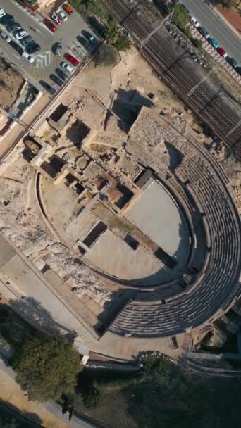 西班牙塔拉戈纳的古罗马圆形剧场 被毁的旧竞技场 古建筑 无人驾驶飞机景观 垂直录像 高质量的4K镜头 — 图库视频影像