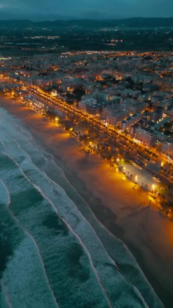 西班牙旅游城市萨洛市 加泰罗尼亚的街道灯火通明 有棕榈树的海滩 海洋和海岸的空中景观 4K的空中无人驾驶飞机景观 垂直视频 高质量的4K镜头 — 图库视频影像